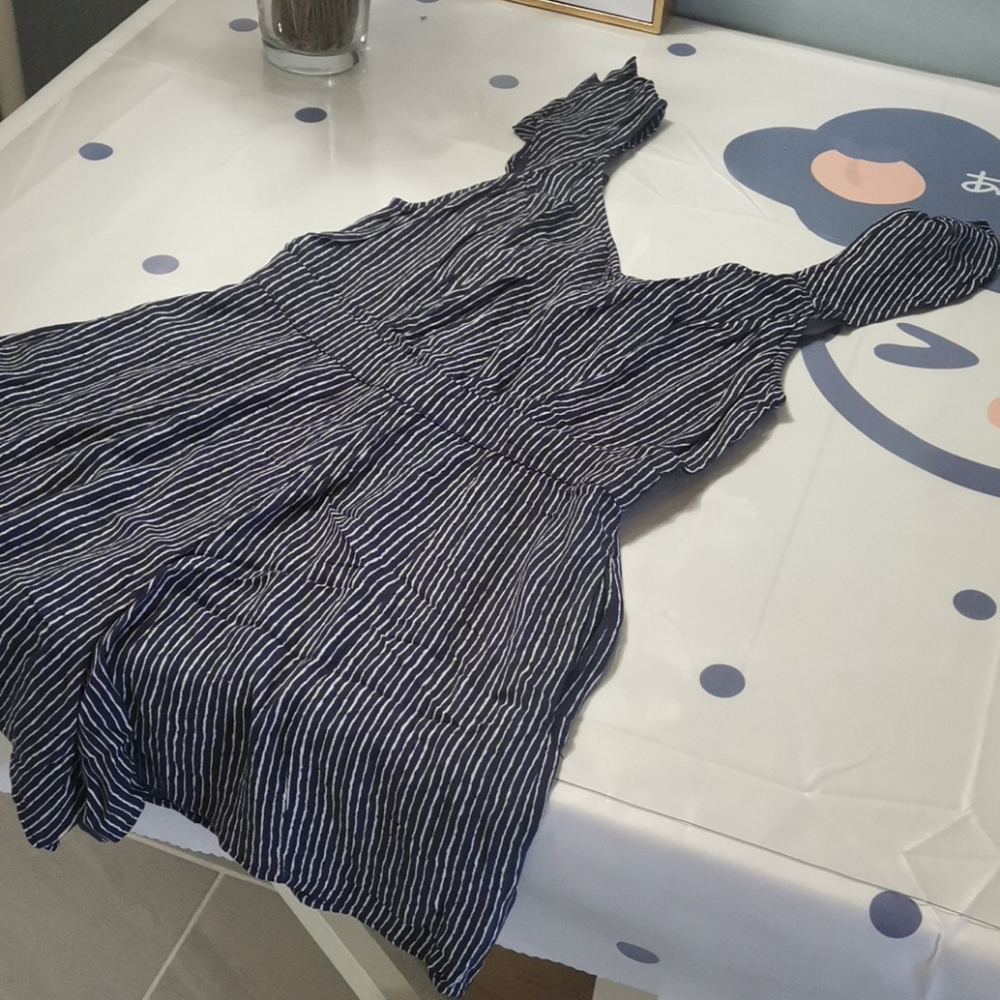 American Eagle navy blue & white striped romper with pockets